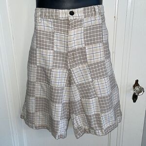 Chaps white, tan & black plaid square patches‎ flat front cotton shorts